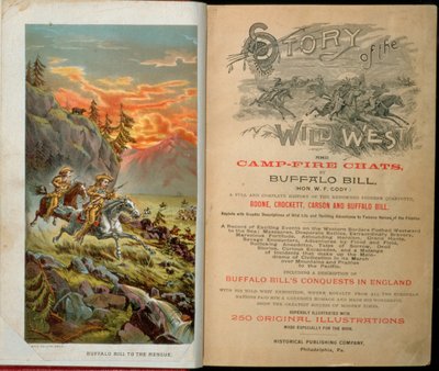 Frontispice en titelpagina van Story of the Wild West and Camp Fire Chats door Buffalo Bill door American School