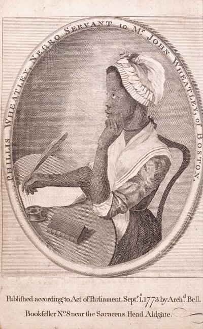 Frontispice portret van de auteur, Phillis Wheatley, uit het boek 
