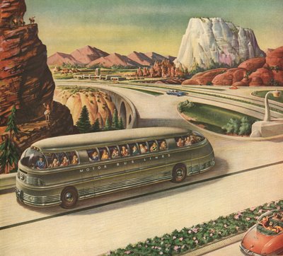 Futuristische passagiersbus op een snelweg in het Amerikaanse zuidwesten door American School