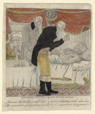 G. Washington in zijn laatste ziekte, bijgewoond door Drs Craik en Brown, uitgegeven ca.1800 door American School