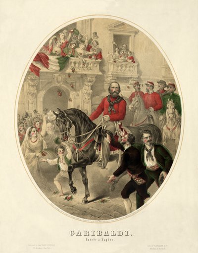 Garibaldi, entree in Napels (handgekleurde gravure) door American School