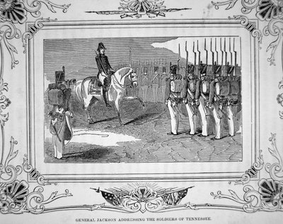 Generaal Andrew Jackson spreekt de Tennessee Militie toe voor de Slag bij Horsehoe Bend, 27 maart 1814 door American School
