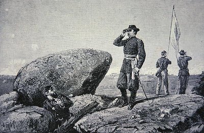 Generaal G.K. Warren bij het seinstation op Little Round Top, Slag bij Gettysburg door American School
