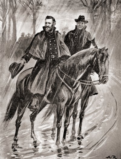 Generaal Grant die in de regen verkent in Belmont, Missouri, voor de slag in 1861, uit 