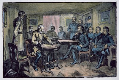 Generaal Robert E. Lee (1807-70) geeft zich over aan generaal Ulysses S. Grant (1822-85) bij Appomattox Courthouse, 9 april 1865 door American School