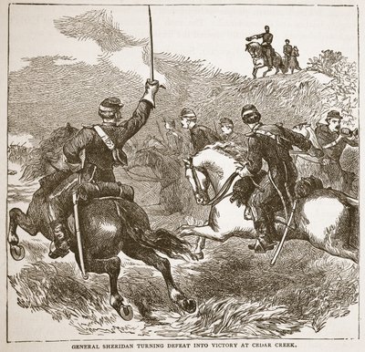 Generaal Sheridan verandert nederlaag in overwinning bij Cedar Creek, uit een boek gepubliceerd in 1896 door American School