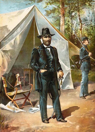 Generaal Ulysees S Grant voor zijn tent tijdens de Amerikaanse Burgeroorlog, uitgegeven 1892 door American School