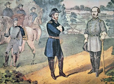 Generaals Sherman en Johnson ontmoeten elkaar om de overgave van de Zuidelijke troepen in North Carolina in 1865 te regelen door American School