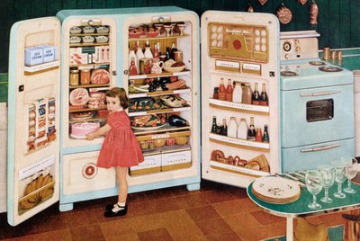 Meisje Haalt een Roze Taart uit een Enorme Koelkast Vol met Eten door American School