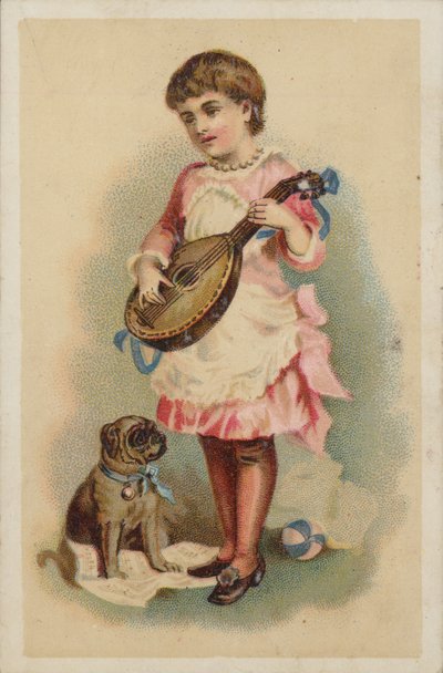 Meisje speelt mandoline met een hond door American School