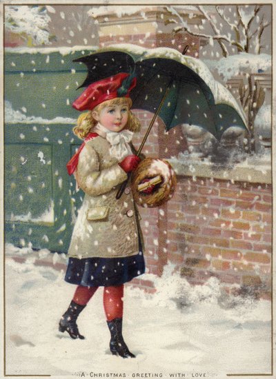 Meisje met paraplu in een sneeuwbui door American School