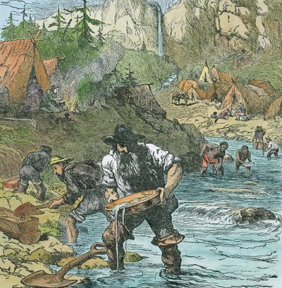Goudwassen in Californië, uit een boek gepubliceerd in 1896 door American School