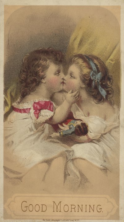 Goedemorgen, kinderen die kussen (chromolitho) door American School