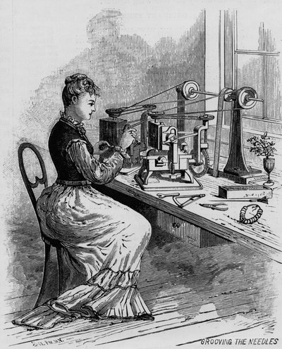 Groeven van de naalden, illustratie van naaimachineproductie uit Scientific American magazine, 1879 door American School