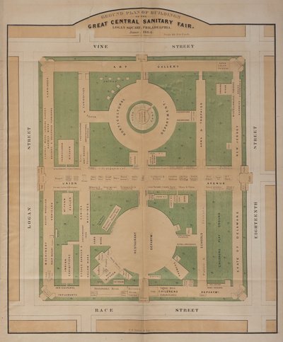 Grondplan van gebouwen van de Great Central Sanitary Fair, Logan Square, juni 1864 door American School