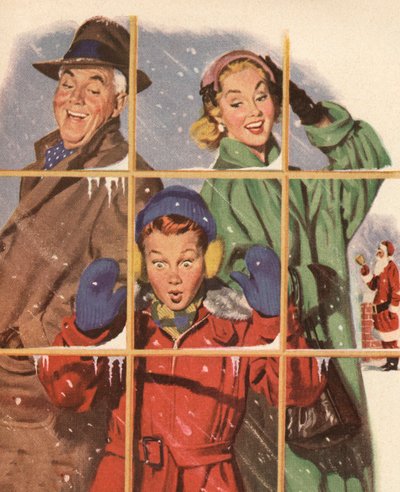 Gelukkig Gezin Kijkt naar Cadeaus in een Etalage op Kerstavond door American School