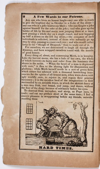Moeilijke Tijden, pagina 2 uit The American Comic Almanac voor 1838 door American School
