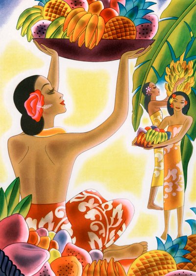 Hawaïaanse vrouwen oogsten fruit door American School