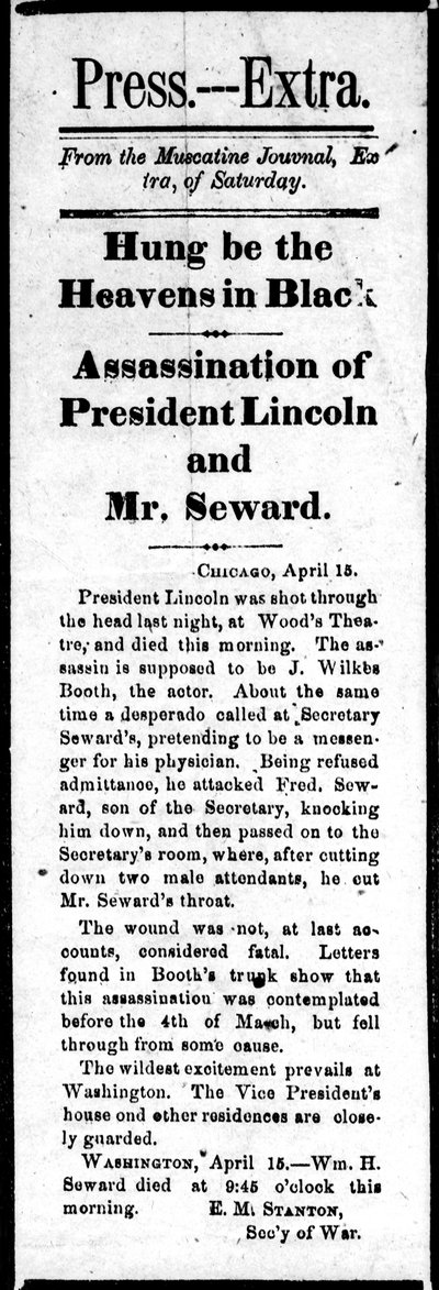 Kop die de moord op Abraham Lincoln (1809-65) en de poging tot moord op William Seward (1801-72) aankondigt uit Press Extra, 15 april 1865 door American School