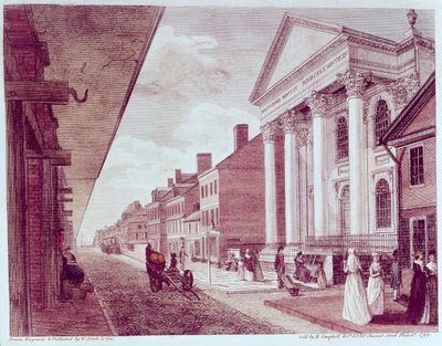Hoofdstraat met de eerste Presbyteriaanse Kerk, Philadelphia, 1799 door American School