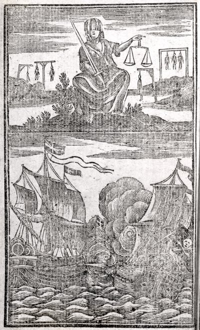Geschiedenis en levens van alle beruchtste piraten en hun bemanningen, frontispice, Londen, 1725 door American School