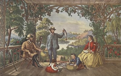 Thuis van de beek, De gelukkige visser, uitgegeven 1867, Currier & Ives door American School