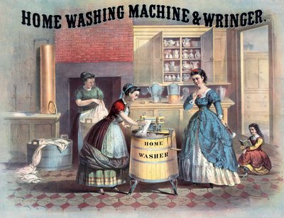 Huishoudelijke wasmachine en wringer, ca. 1869 door American School