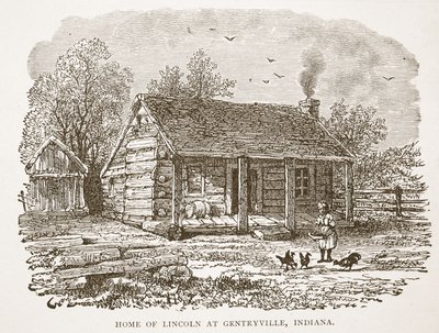 Huis van Lincoln in Gentryville, Indiana, uit een boek gepubliceerd in 1896 door American School