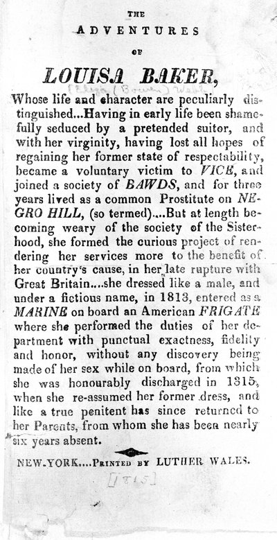 Introductiepagina van The Adventures of Louisa Baker gedrukt door Luther Wales, New York, 1815 door American School