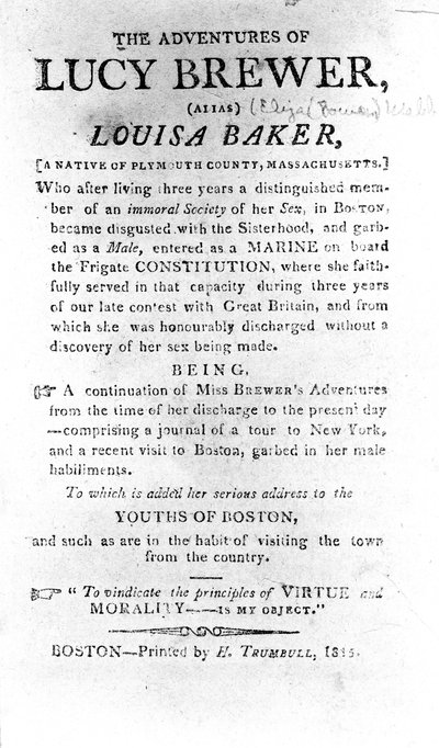 Introductiepagina van The Adventures of Lucy Brewer gedrukt door H. Trumbull, Boston, 1815 door American School