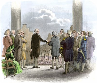 Investituur van George Washington (1732-1799) (kleurengravure) door American School
