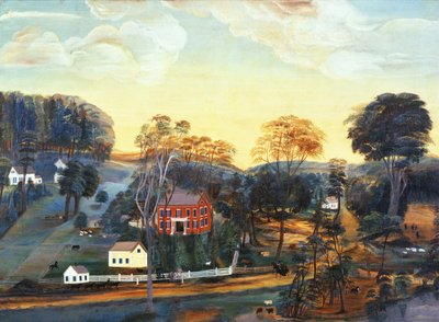 Isaac Powers boerderij en mijn, ca 1800 (olieverf op doek) door American School