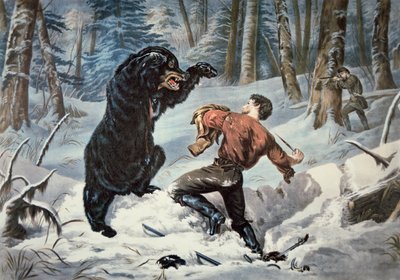 Jedediah Smith (1799-1831) aangevallen door een Grizzlybeer, ca. 1861 (kleur litho) door American School