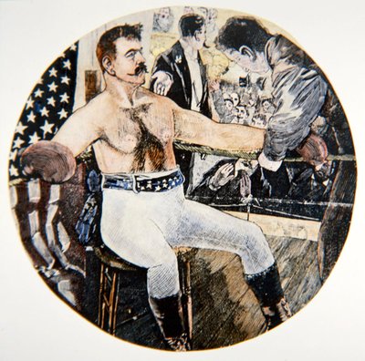 John L. Sullivan tijdens zijn gevecht met James J. Corbett in New Orleans door American School