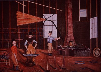 John Mohler Studebaker (midden), Duits-Amerikaanse wagenmaker in werkplaats, ca. 1858 door American School