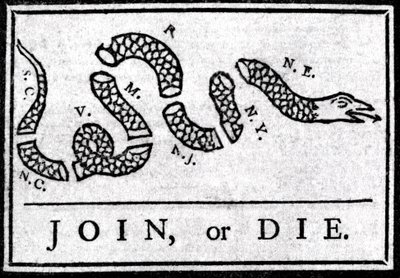 Join or Die, tekening, beschouwd als de eerste politieke cartoon, gepubliceerd in de 