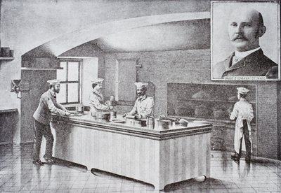 Keuken van het Witte Huis in de jaren 1890, met inzetportret van Hugo Ziemann door American School