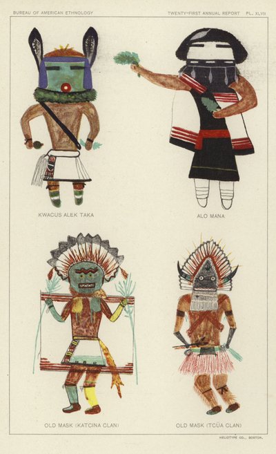 Kwacus Alek Taka, Alo Mana, Oud Masker (Katcina Clan), Oud Masker (Tcua Clan) (kleurenlitho) door American School