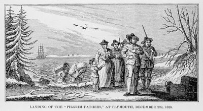 Landing van de Pilgrim Fathers in Plymouth op Cape Cod, Massachusetts, 22 december 1620, gedrukt in History and Antiquity of New England, New York... 1842 door American School