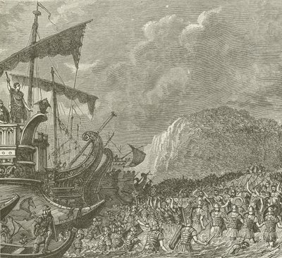 Landing van de Romeinen, onder Caesar, in Brittannië, 55 v.Chr. door American School