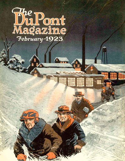 Vertrek van werk in de sneeuw, vooromslag van het DuPont Magazine, februari 1923 door American School