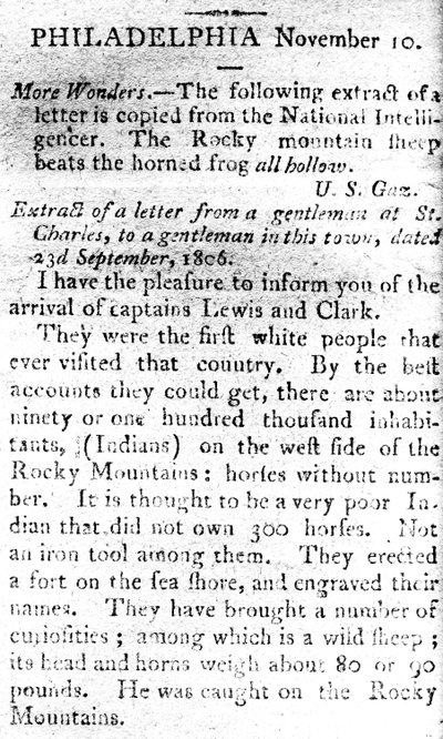 Brief waarin de aankomst van kapiteins Lewis en Clark wordt aangekondigd, uit The Boston Intelligencer, 19 november 1806 door American School