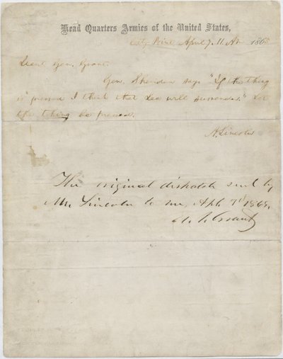 Brief van Abraham Lincoln aan Generaal Ulysses S. Grant, 7 april 1865 door American School