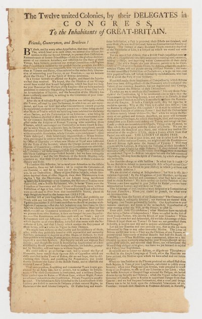 Brief van de Twaalf Verenigde Kolonies aan de Inwoners van Groot-Brittannië door American School