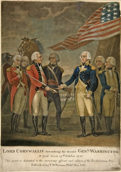 Lord Cornwallis geeft zijn zwaard over aan Genl. Washington in York Town door American School