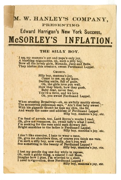 M.W. Hanleys Col presenteert Edward Harrigans nieuwste N.Y. Succes, McSorleys Inflatie [theaterkaart]. Verso door American School
