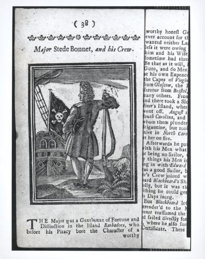 Majoor Stepe Bonnet, pagina 38 uit Geschiedenis en levens van alle beruchtste piraten en hun bemanningen, Londen, 1725 door American School