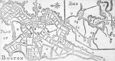 Kaart van Boston, gedrukt in Bickerstaffs Albany Almanack, 1776 door American School