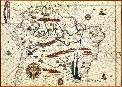 Kaart van Zuid-Amerika in 1582 door American School