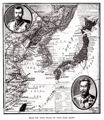 Kaart van oostelijk Rusland, Korea en Japan tijdens het Japans-Russische conflict (1904-1905). In medaillon, Tsaar Nicolaas II van Rusland (1868-1918) en Keizer Meiji van Japan (1852-1912). Illustratie, in 